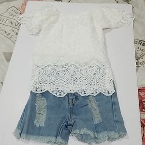 Girls 2 piece outfit..lace top, jean shorts